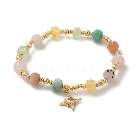 Faceted Rondelle Natural Citrine & Rose Quartz & Sunstone & Amazonite & Prehnite Bead Stretch Bracelets BJEW-P318-02G-01-1