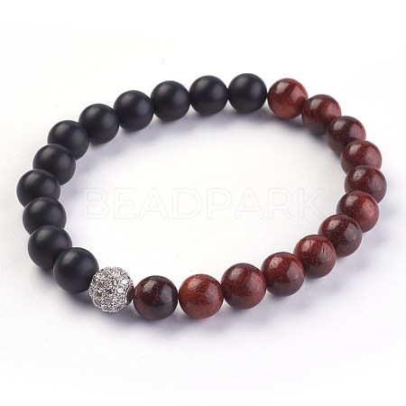 Natural Black Agate and Sandalwood Stretch Bracelets BJEW-JB03937-01-1