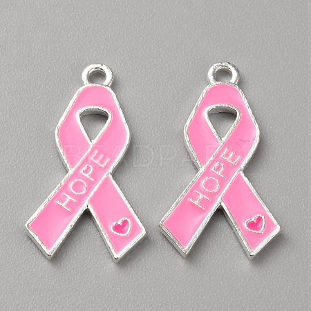 Breast Cancer Pink Awareness Ribbon Theme Alloy Enamel Pendants ENAM-WH0057-50E-1