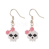 Glass Seed Braided Skull with Flower Dangle Earrings EJEW-MZ00023-02-1