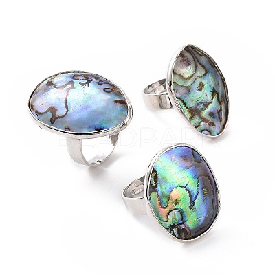 Platinum Plated Brass Abalone Shell/Paua ShellFinger Rings RJEW-E023-02-1