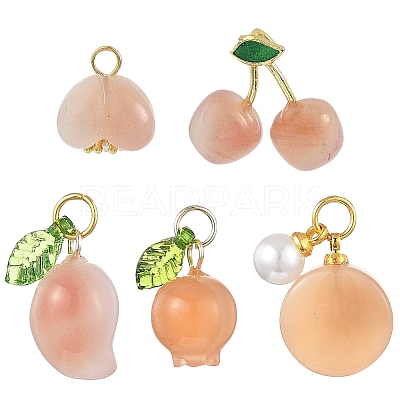 1Pc Natural Agate Pomegranate/Fu Melon Charms with Leaf G-YW0002-67-1
