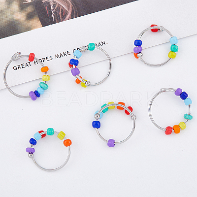 10Pcs 2 Style Rainbow Color Glass Beaded Rotating Open Cuff Rings Set RJEW-DC0001-15-1