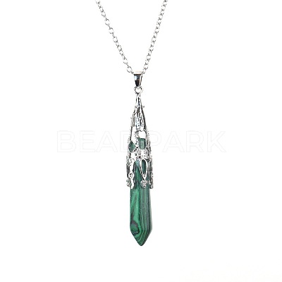 Synthetic Malachite Six-Sided Prism Healing Dowsing Pendulum Pendant Iron Cable Chain Necklaces for Divination HM5691-5-1