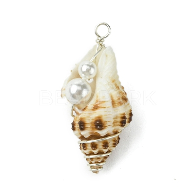 Natural Scallop Shell & Round Shell Pearl Pendants PALLOY-TA00197-01-1