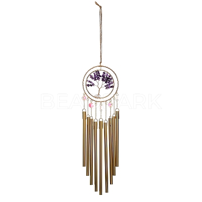 Wire Wrapped Natural Amethyst Chips Tree of Life Wind Chime HJEW-G028-04B-1