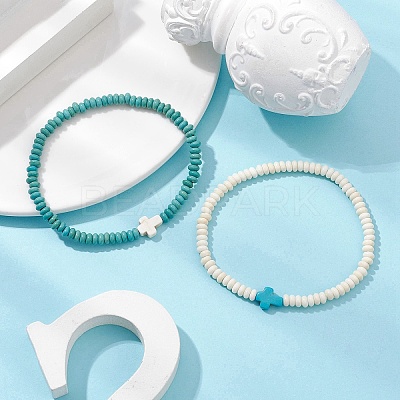 2Pcs Synthetic Turquoise Beads Stretch Bracelets for Women Men BJEW-JB11293-1