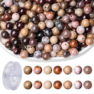 100Pcs Natural Petrified Wood Round Bead with Strong Stretchy Beading Elastic Thread G-SZ0002-28-1