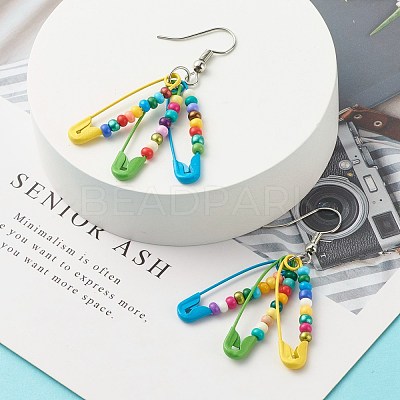 Glass Seed Beaded Safety Pins Long Dangle Earrings EJEW-JE04715-1