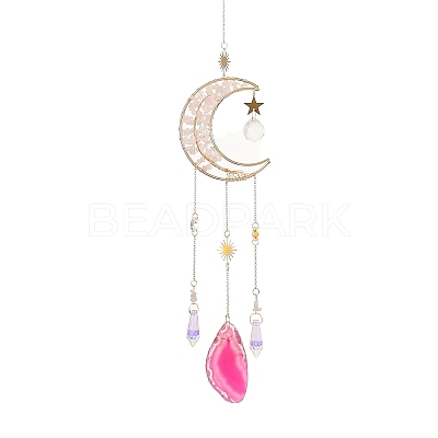 Wire Wrapped Natural Rose Quartz Moon with Tree of Life Pendant Decorations HJEW-K046-07G-05-1