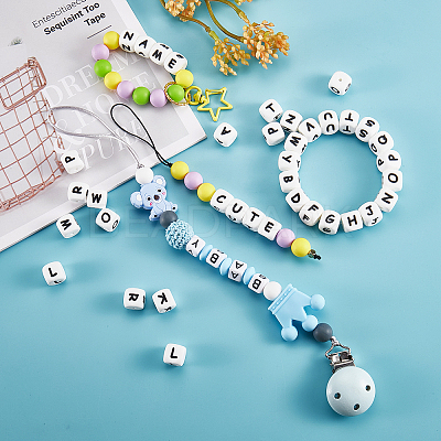 20Pcs White Cube Letter Silicone Beads 12x12x12mm Square Dice Alphabet Beads with 2mm Hole Spacer Loose Letter Beads for Bracelet Necklace Jewelry Making JX432N-1