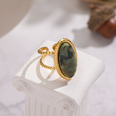 304 Stainless Steel with Natural Gemstone Cuff Open Rings for Women FS3382-1