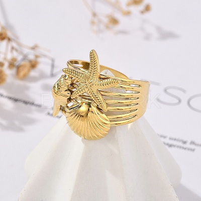 Starfish Shell 304 Stainless Steel Open Cuff Rings RJEW-R014-03G-06-1