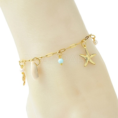 Ocean Natural Cowrie Shell & 304 Stainless Steel Starfish & Dyed Round Natural Howlite Charm Anklets for Women AJEW-AN00819-1