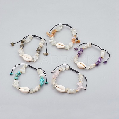 Natural/Synthetic Mixed Stone & White Moonstone Chip Braided Bead Bracelets BJEW-JB04080-1