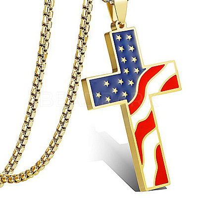 Independence Day Alloy Enamel American Flag Cross Pendant Necklaces for Men FS-WG51290-01-1