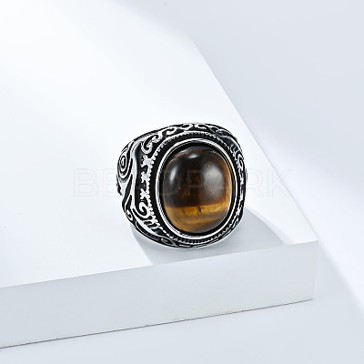 304 Stainless Steel with Natural Tiger Eye Finger Rings for Men FS-WG44E14-12-1