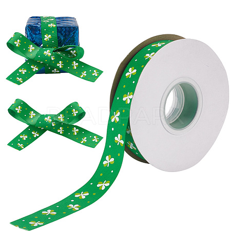 Saint Patrick's Day Polyester Shamrock Printed Grosgrain Ribbons SRIB-WH0011-304A-1