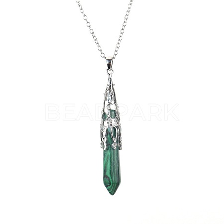 Synthetic Malachite Six-Sided Prism Healing Dowsing Pendulum Pendant Iron Cable Chain Necklaces for Divination HM5691-5-1