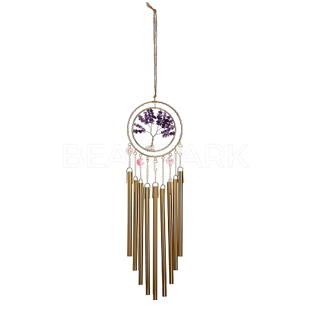 Wire Wrapped Natural Amethyst Chips Tree of Life Wind Chime HJEW-G028-04B-1