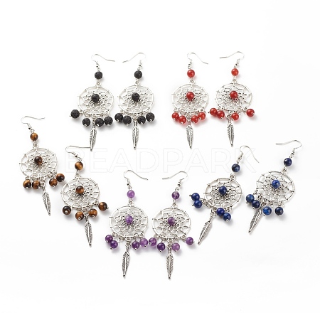 Natural Gemstone Woven Net with Feather Dangle Earrings EJEW-JE04967-1