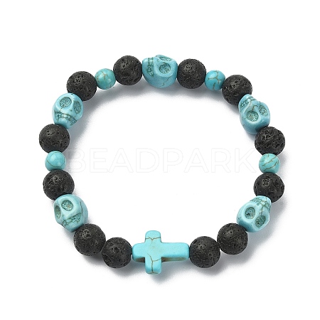 Dyed Natural & Synthetic Mixed Gemstone Skull & Cross Beaded Stretch Bracelets BJEW-TA00272-02-1
