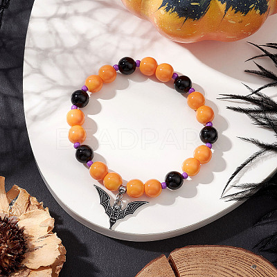 Halloween Theme Baking Paint Glass & Natural Black Onyx(Dyed & Heated) Round Beaded Stretch Bracelets BJEW-MZ00188-02-1