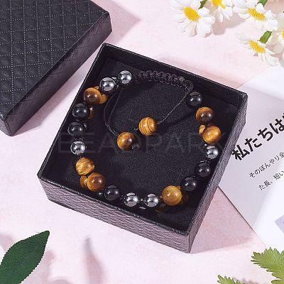 Natural Obsidian & Tiger Eye & Synthetic Hematite Braided Bead Bracelet BJEW-SW00001-22-1
