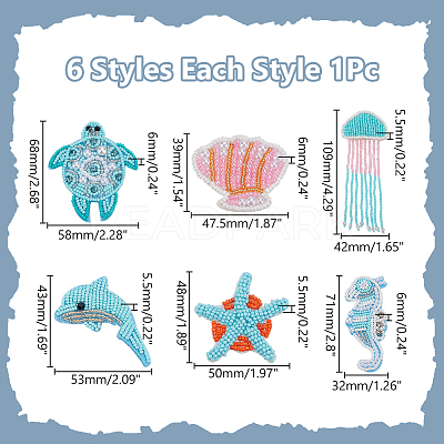 6Pcs 6 Styles Ocean Theme Seed Beads Cloth Patches PATC-WR0001-17-1