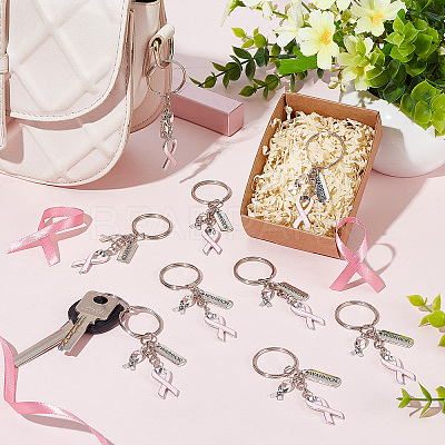 Pink Breast Cancer Awareness Ribbon Alloy Enamel Pendant Keychain KEYC-AB00001-1