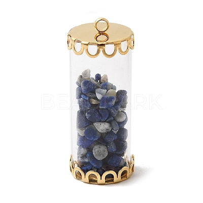 Glass Tube with Natural Lapis Lazuli Chip Beads Inside Pendants FIND-B054-01G-01-1