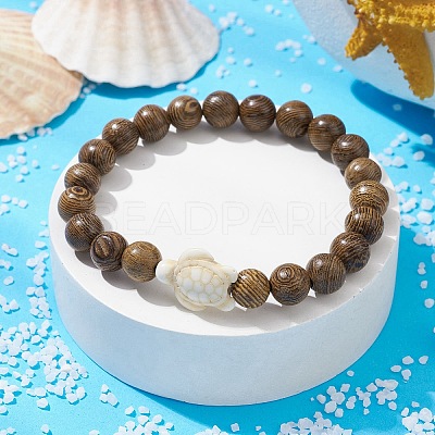Natural Wood Round & Synthetic Turquoise Turtle Beaded Stretch Bracelet for Women BJEW-JB09700-06-1