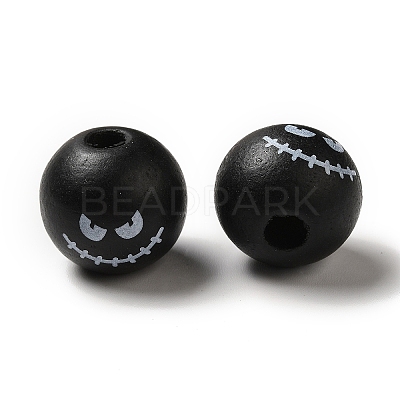 Printed Round Wood European Beads WOOD-M006-03-1