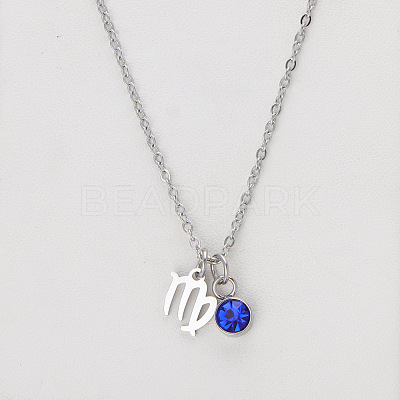 304 Stainless Steel Sapphire Rhinestone Birth Stone Constellation Pendant Necklaces FS-WG76580-21-1