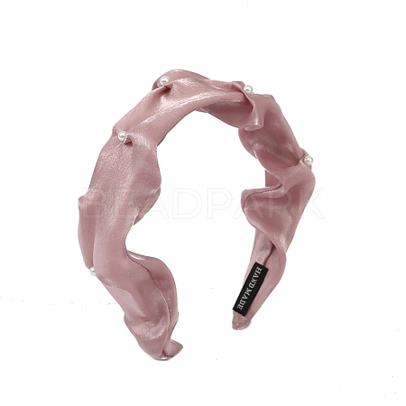 Pleated Cloth Hair Bands with Plastic Imitation Pearl Decor PW-WGE11E3-03-1