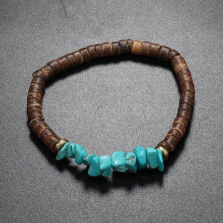 Synthetic Turquoise Chips & Coconut Disc Beaded Stretch Bracelets PW-WG68238-01-1