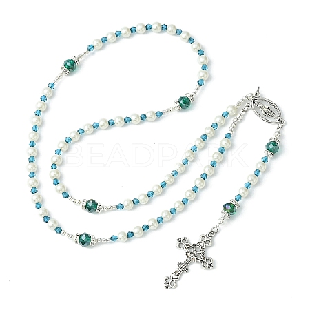 Glass Pearl Rosary Bead Necklace NJEW-TA00082-02-1