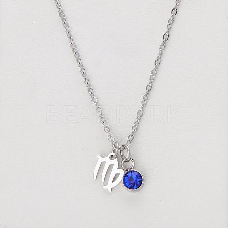 304 Stainless Steel Sapphire Rhinestone Birth Stone Constellation Pendant Necklaces FS-WG76580-21-1