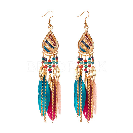 Feather Alloy Seed Beads Dangle Earrings FS-WGA085C-10-1