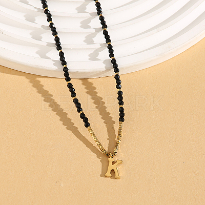 Stainless Steel Initial Pendant Faceted Round Natural Black Spinel Beaded Necklaces for Women ZD9259-11-1