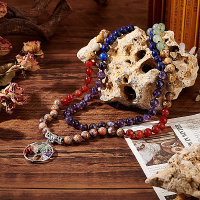 Natural Mixed Stone Tree of Life Pendant Necklace with Round Beaded Chains NJEW-AB00015-01-1