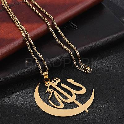 201 Stainless Steel Moon & Arabic Pendants Box Chain Necklaces for Women Men LS-NJEW-R013-02G-1