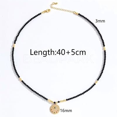 Stainless Steel Evil Eye Pendant Faceted Round Natural Obsidian Beaded Necklaces for Women Ion Plating(IP) JF6983-9-1