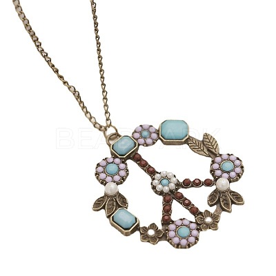 Bohemian Flower Peace Sign Alloy & Glass & Plastic Pearl Pendant Necklaces FS-WG15A32-02-1