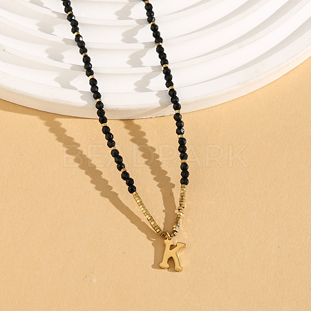 Stainless Steel Initial Pendant Faceted Round Natural Black Spinel Beaded Necklaces for Women ZD9259-11-1