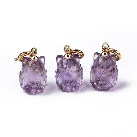 Natural Amethyst Fox Spring Ring Clasp Charms HJEW-P014-07G-1