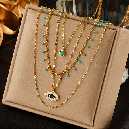 304 Stainless Steel & Synthetic Turquoise Pendant Multi Layered Necklaces for Women FS-WG34384-04-1