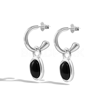 Natural Black Agate Oval Dangle Stud Earrings EJEW-M241-02-1
