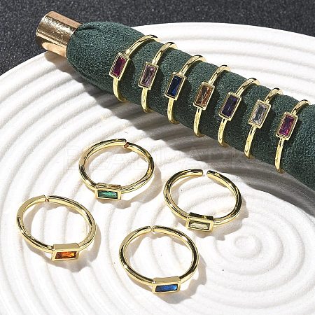 Rectangle Brass with Glass Cuff Rings for Women RJEW-Z111-05G-1