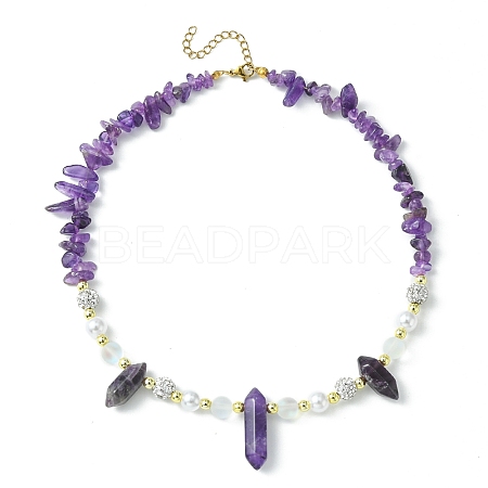 Natural Amethyst Bullet & Synthetic Moonstone Beaded Necklaces NJEW-JN04406-03-1
